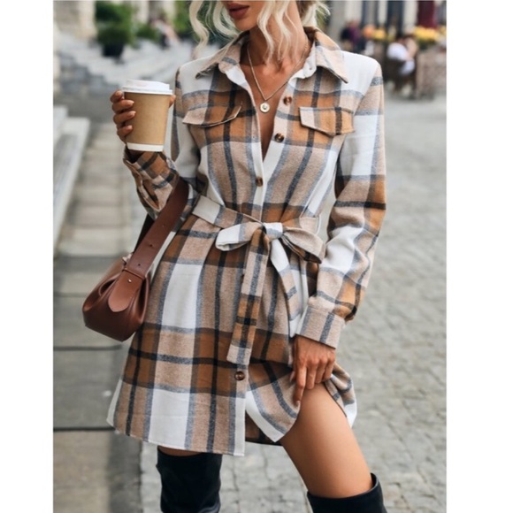 Dresses & Skirts - Boho khaki tan plaid button up long sleeve mini dress